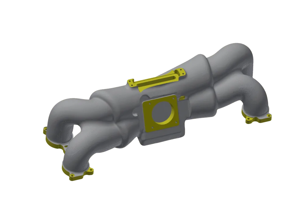 CAD model of the custom Subaru Impreza inlet manifold with machined surfaces highlighted in yellow.