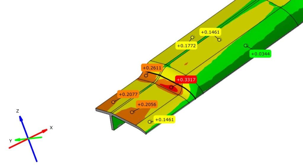 CAD model with colour deviations and point deviation call outs