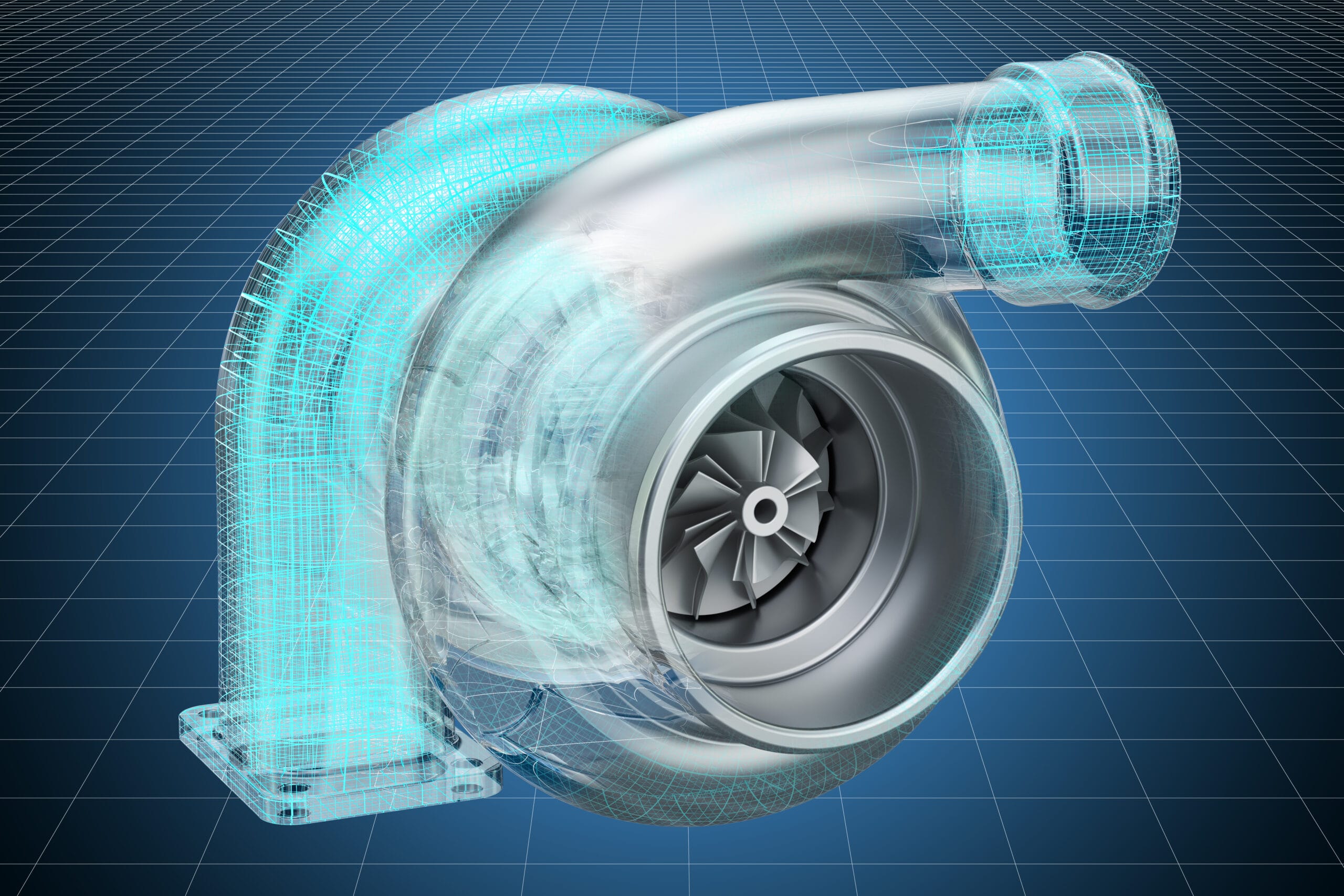 Computer-generated CAD view of turbocharger compressor impeller, transforming from lines to solid.
