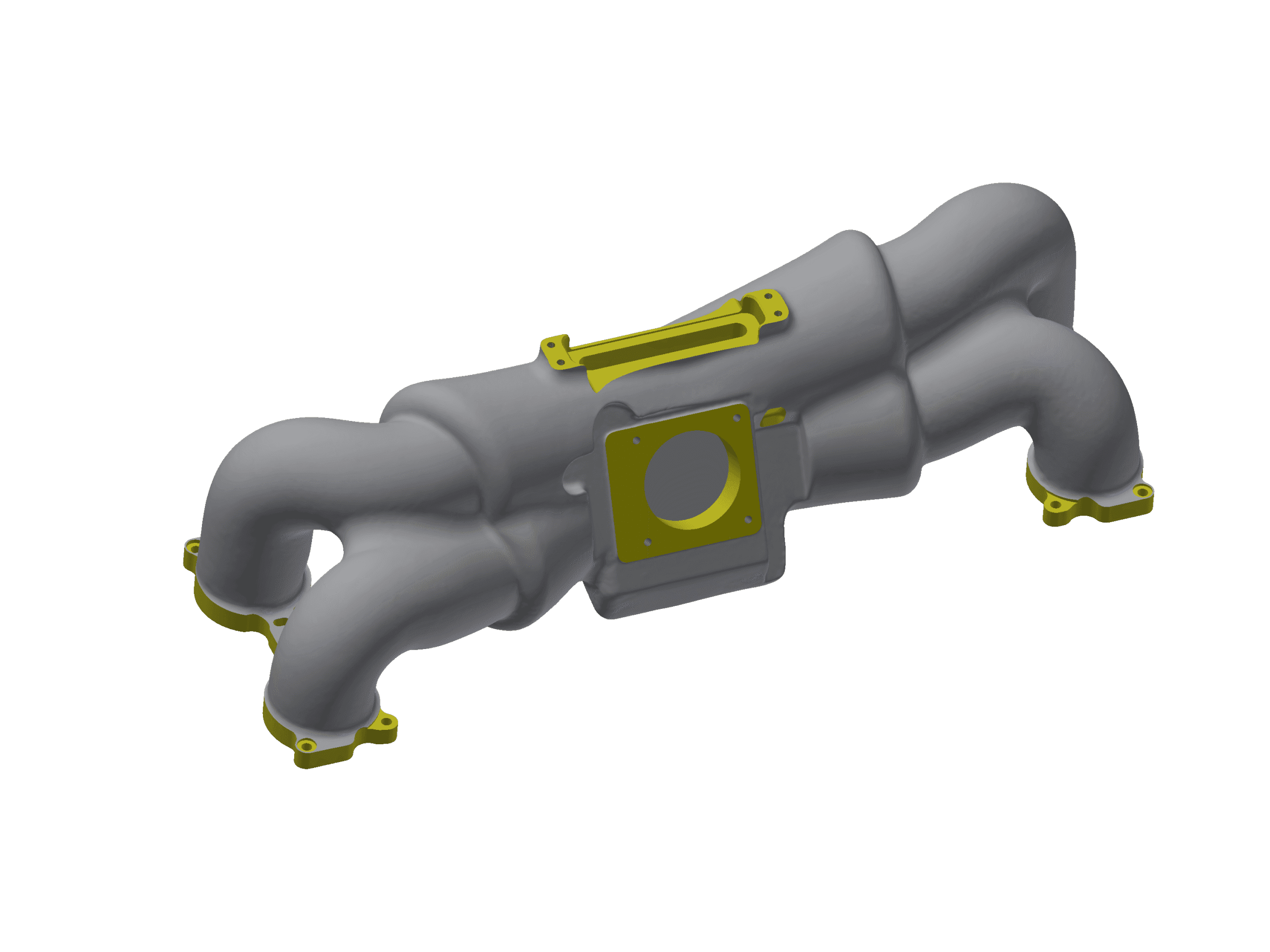 Reverse engineered CAD model with cast features in grey and machined surface in yellow.